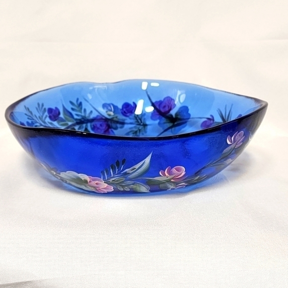 Vintage Other - HANDPAINTED Cobalt Blue Bowl Floral Serving Dish Large Butterfly Roses Dimpled